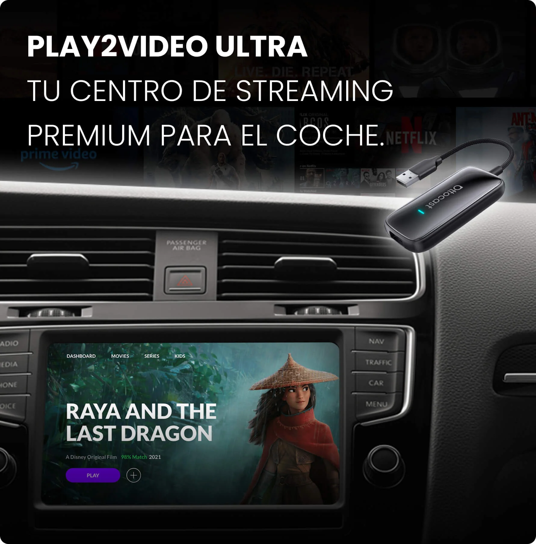 Play2Video Ultra · Adaptador inalámbrico CarPlay/Android Auto con Netflix, YouTube, Prime Video y más - Image 3
